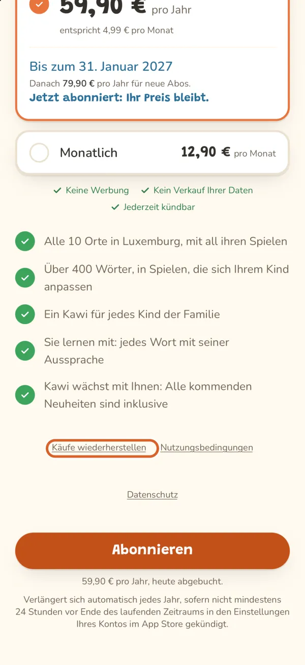 Angebotsseite, der Link „Käufe wiederherstellen“ markiert