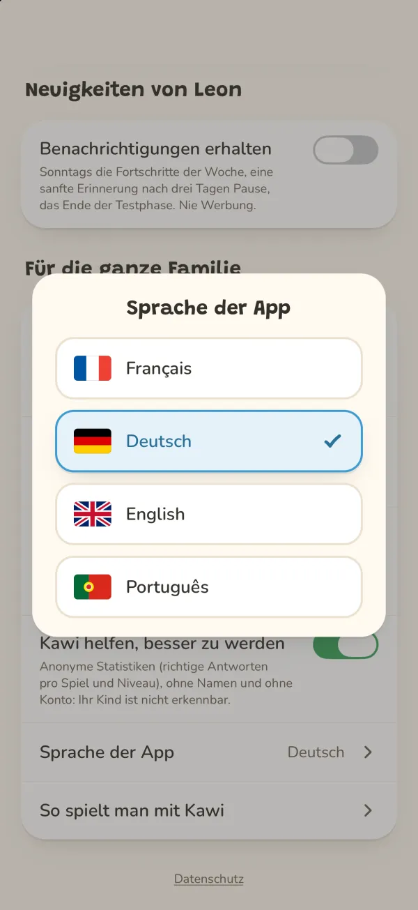 Das Fenster zur Sprachauswahl