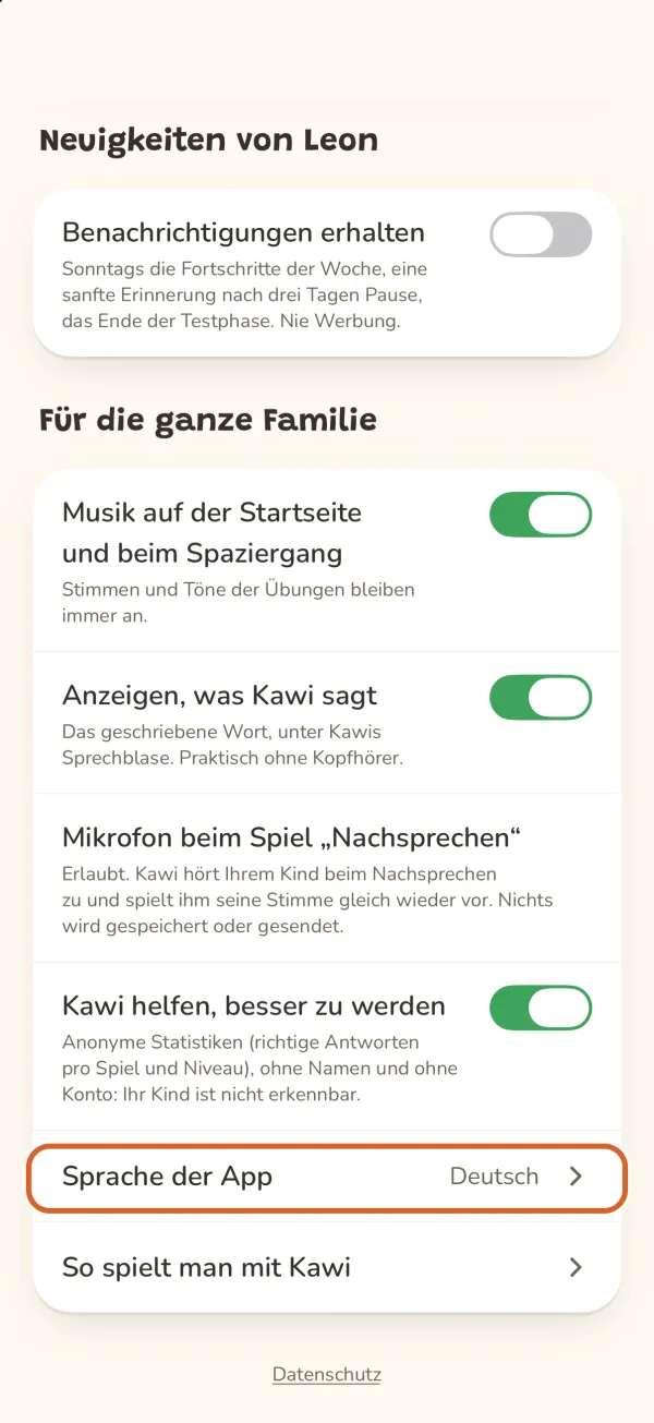 Elternbereich, die Zeile „Sprache der App“ markiert