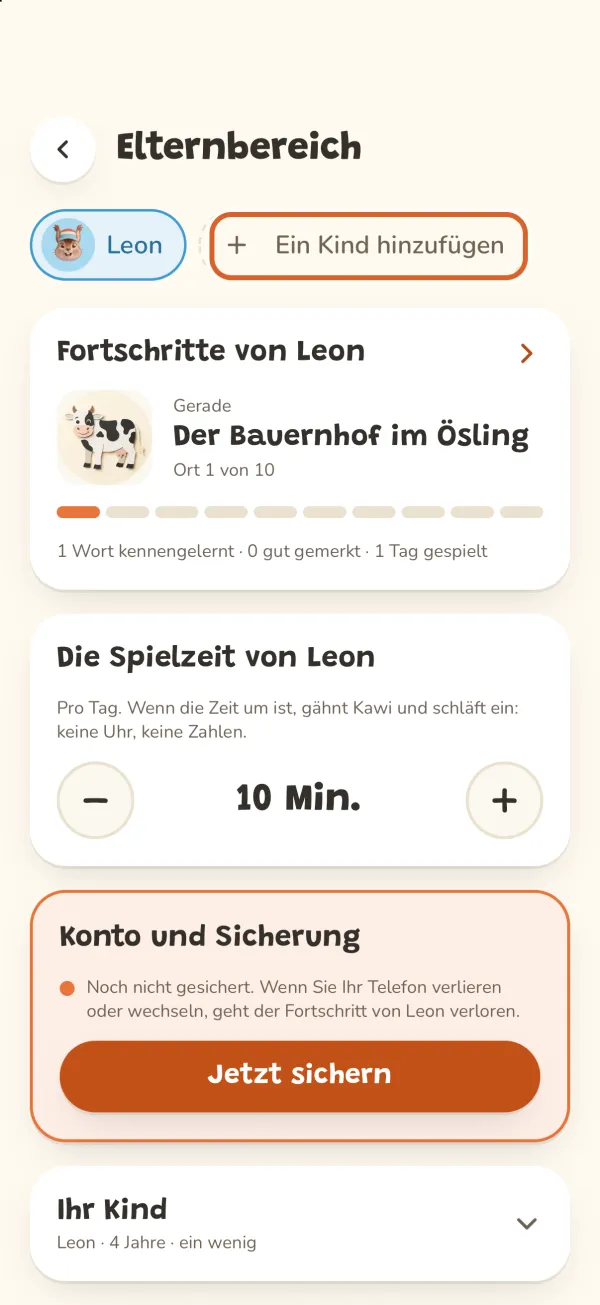 Elternbereich, die Schaltfläche „Ein Kind hinzufügen“ markiert