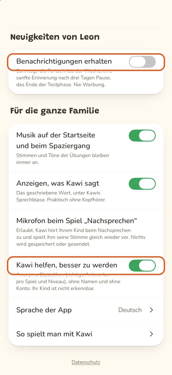 Elternbereich, „Benachrichtigungen erhalten“ und „Kawi helfen, besser zu werden“ markiert