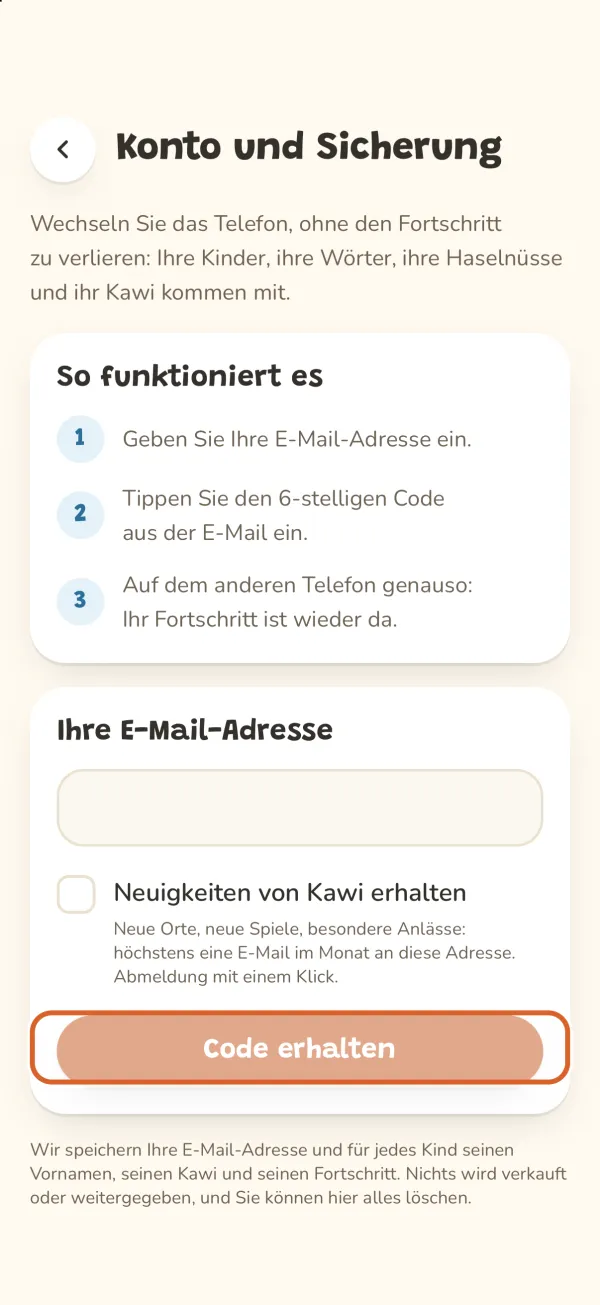 Bildschirm Konto und Sicherung, die Schaltfläche „Code erhalten“ markiert