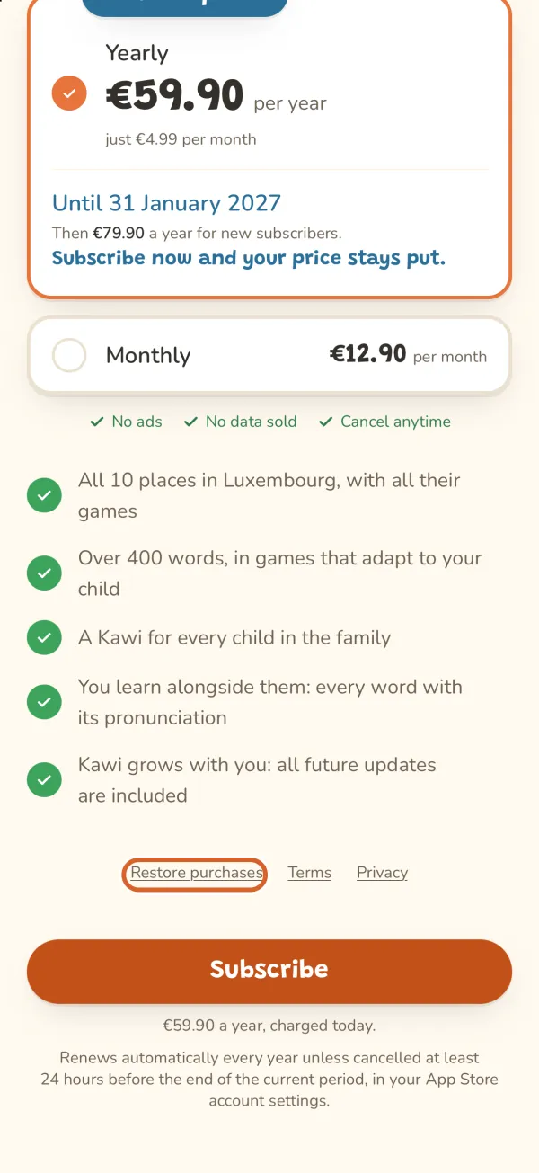 Offer screen, the “Restore purchases” link circled