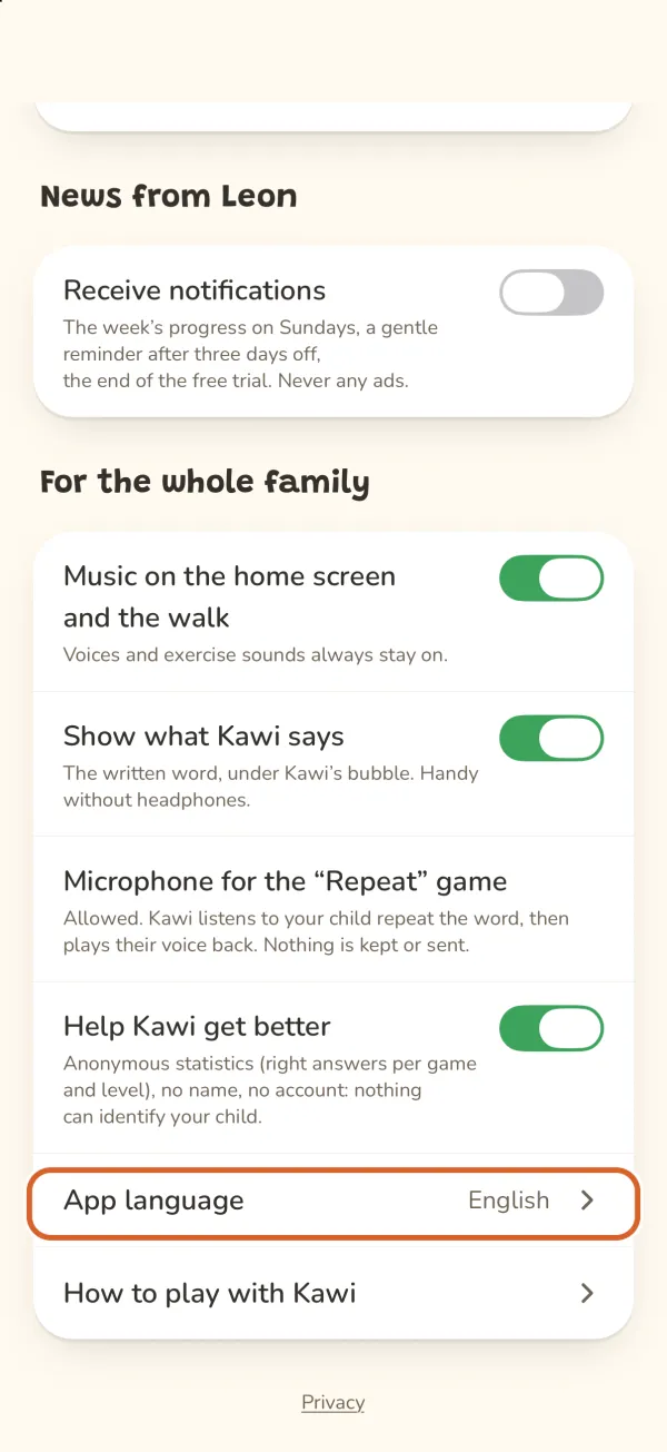 Parent area, the “App language” line circled