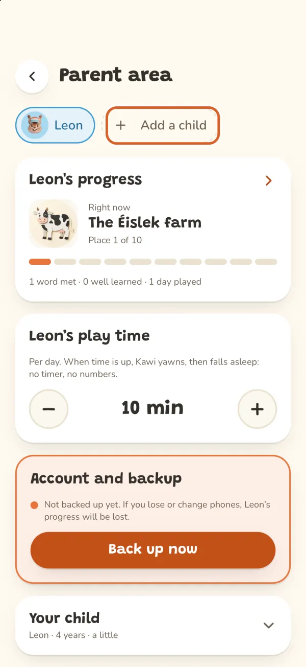 Parent area, the “Add a child” button circled