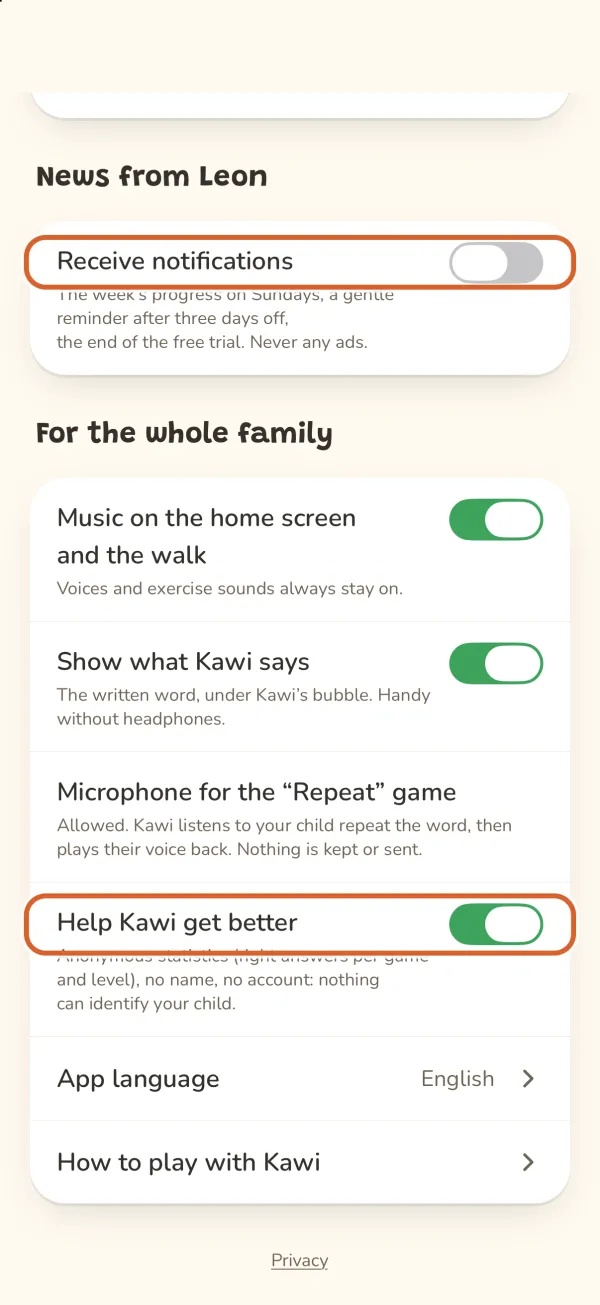 Parent area, “Receive notifications” and “Help Kawi get better” circled