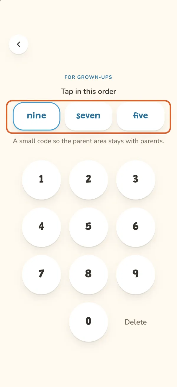 The parent gate: three numbers in words to tap in order