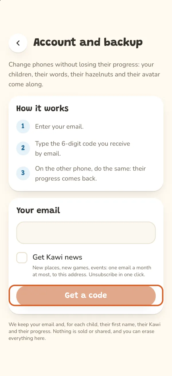 Account and backup screen, the “Get a code” button circled