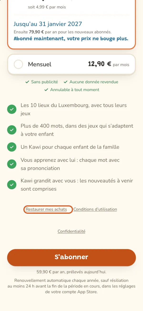 Écran de l'offre, le lien « Restaurer mes achats » entouré
