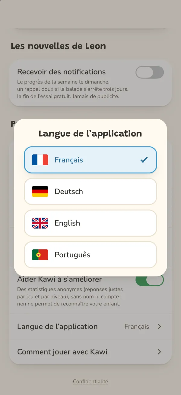 La fenêtre de choix de la langue