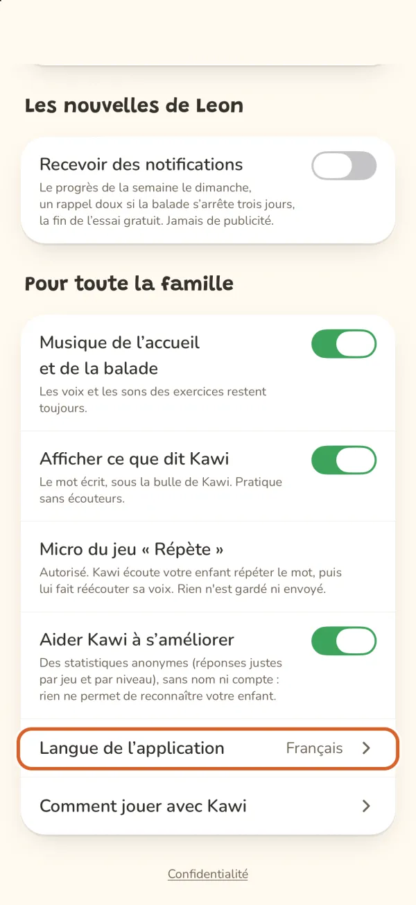 Espace parent, la ligne « Langue de l'application » entourée