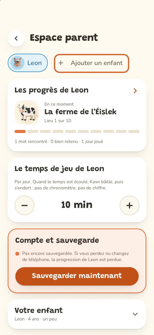 Espace parent, le bouton « Ajouter un enfant » entouré
