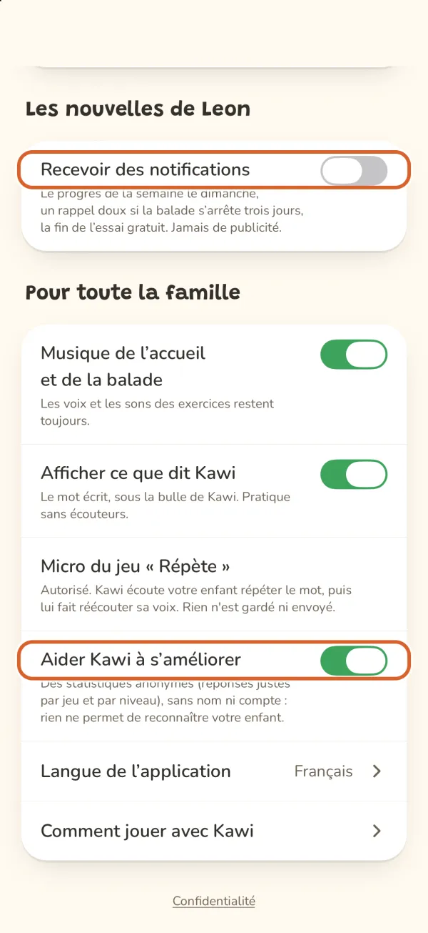 Espace parent, « Recevoir des notifications » et « Aider Kawi à s'améliorer » entourés