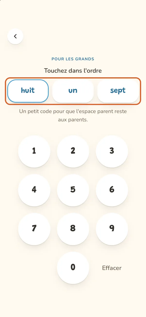 La porte parent : trois chiffres en toutes lettres à toucher dans l'ordre
