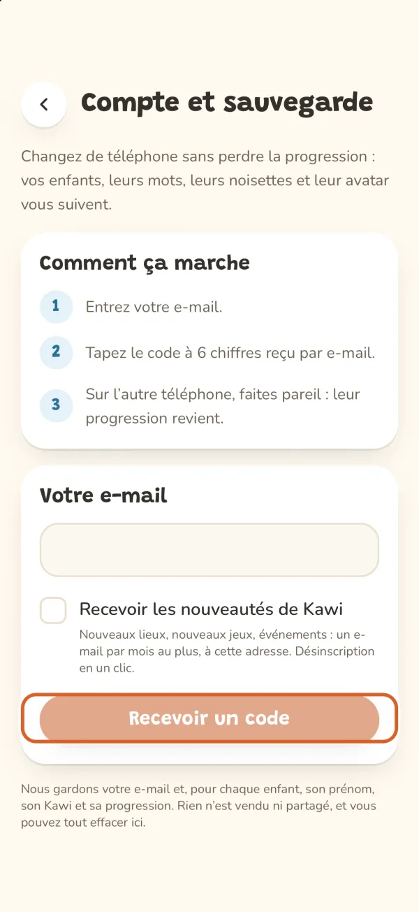 Écran Compte et sauvegarde, le bouton « Recevoir un code » entouré