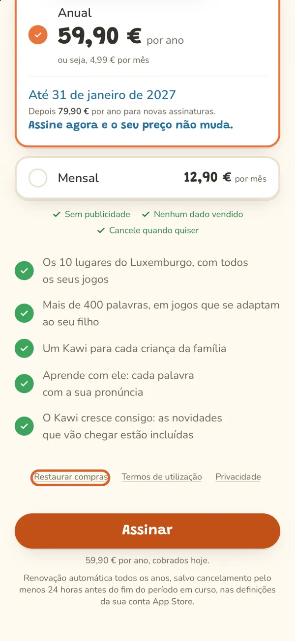 Ecrã da oferta, a ligação «Restaurar compras» assinalada