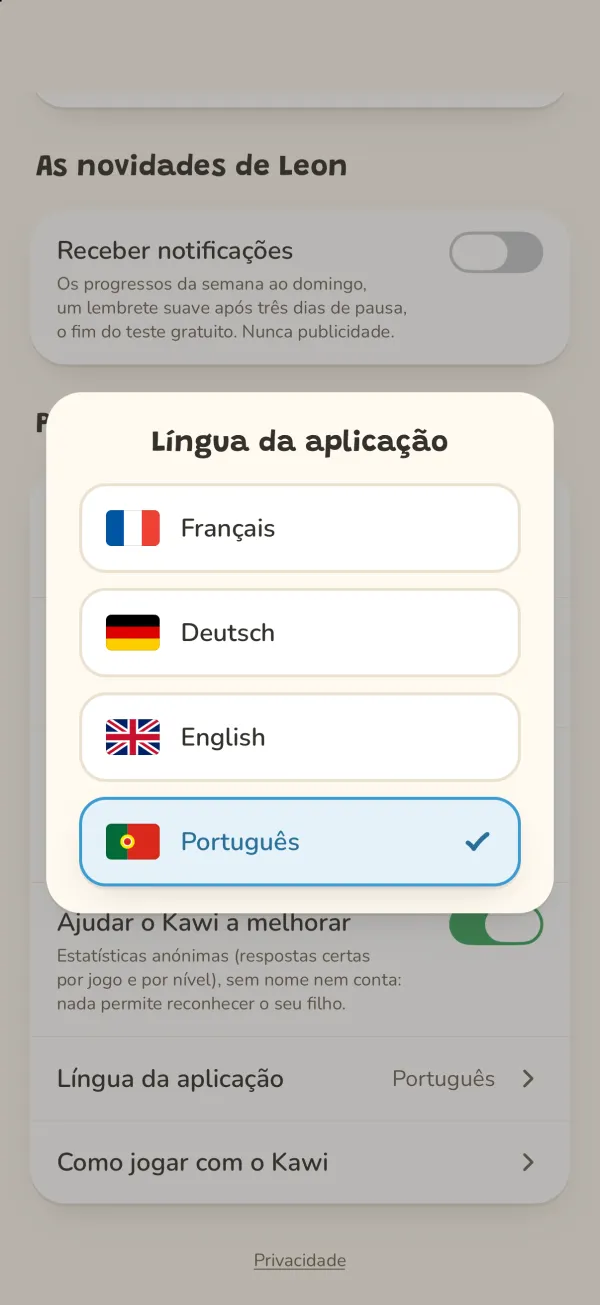 A janela de escolha da língua