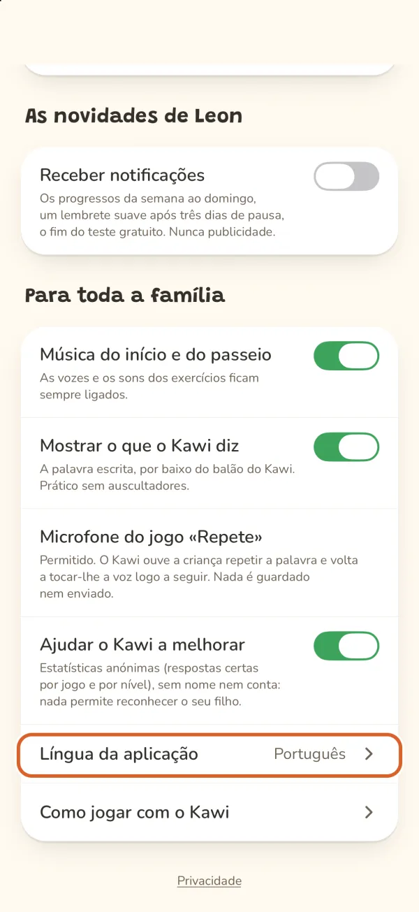 Espaço dos pais, a linha «Língua da aplicação» assinalada