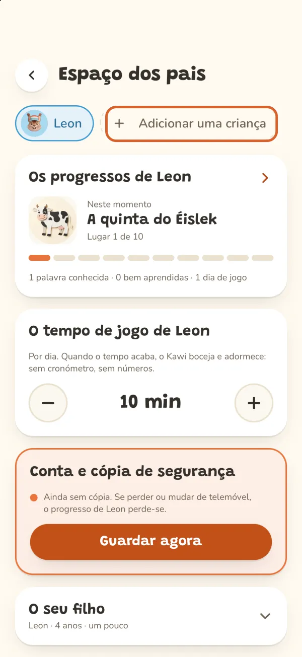 Espaço dos pais, o botão «Adicionar uma criança» assinalado