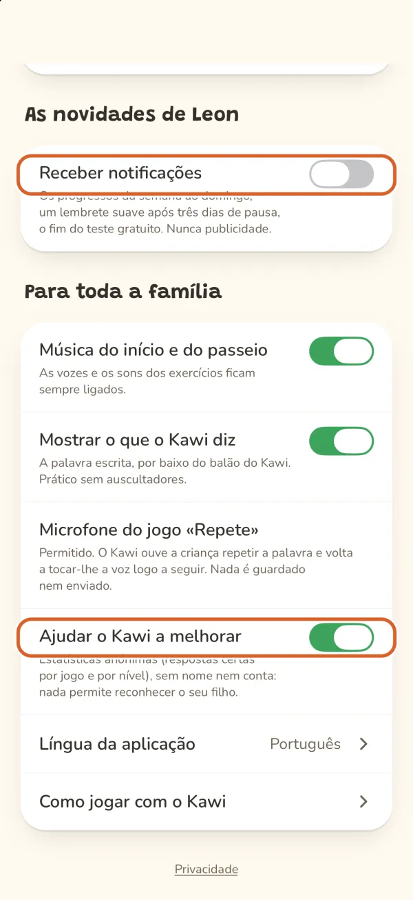 Espaço dos pais, «Receber notificações» e «Ajudar o Kawi a melhorar» assinalados