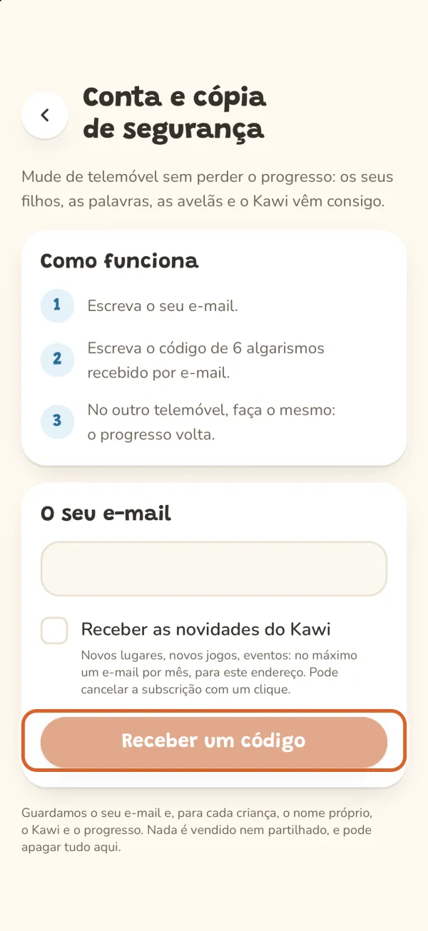 Ecrã Conta e cópia de segurança, o botão «Receber um código» assinalado