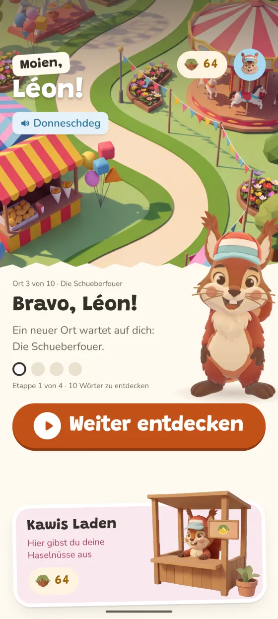 Der Startbildschirm der App: Kawi, das Eichhörnchen, auf der Schueberfouer, mit dem Spielen-Knopf.