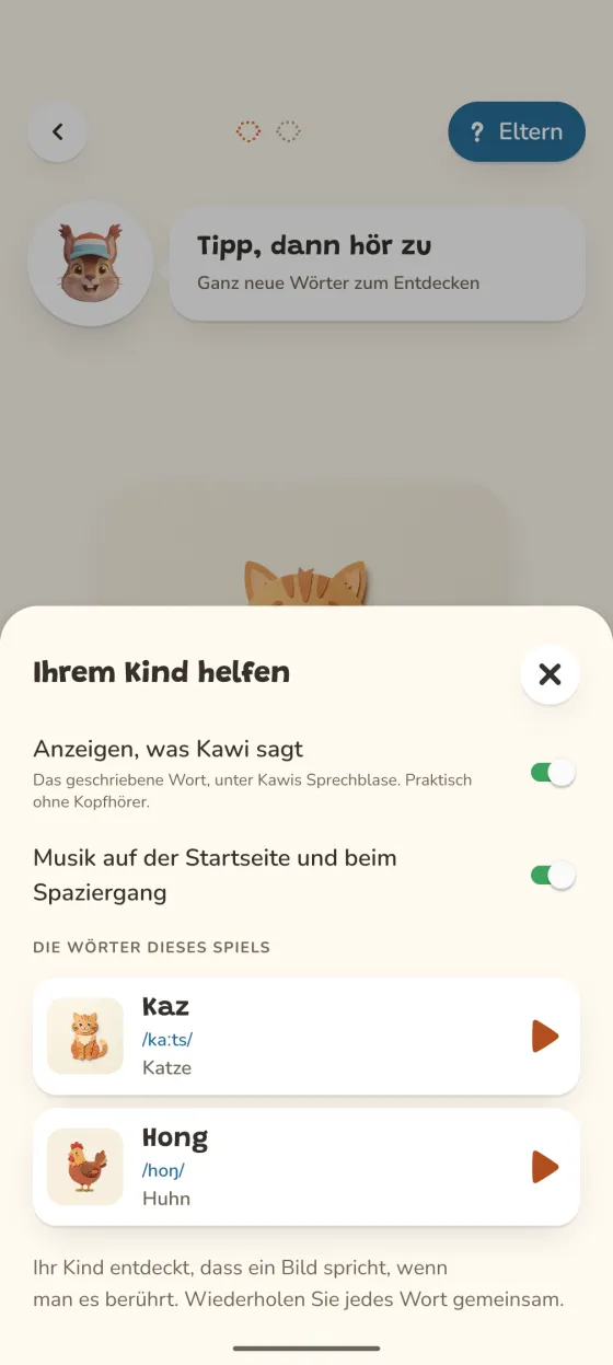 Bildschirm der App: die Elternhilfe mit Übersetzung der Wörter