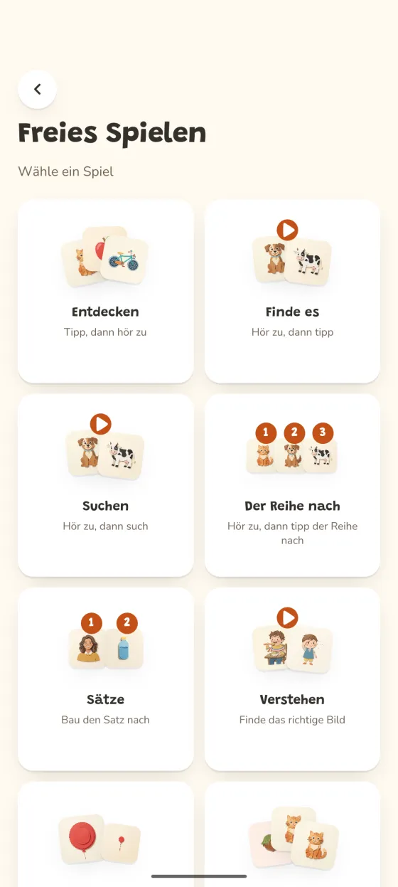 Bildschirm der App: die Auswahl der Spiele