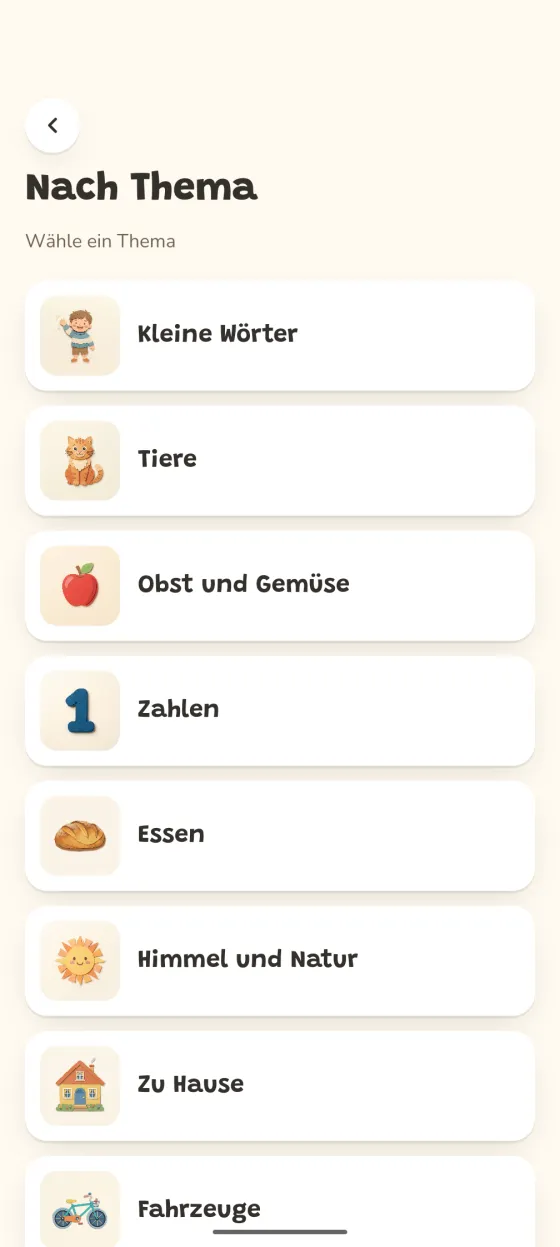 Bildschirm der App: die Liste der Themen