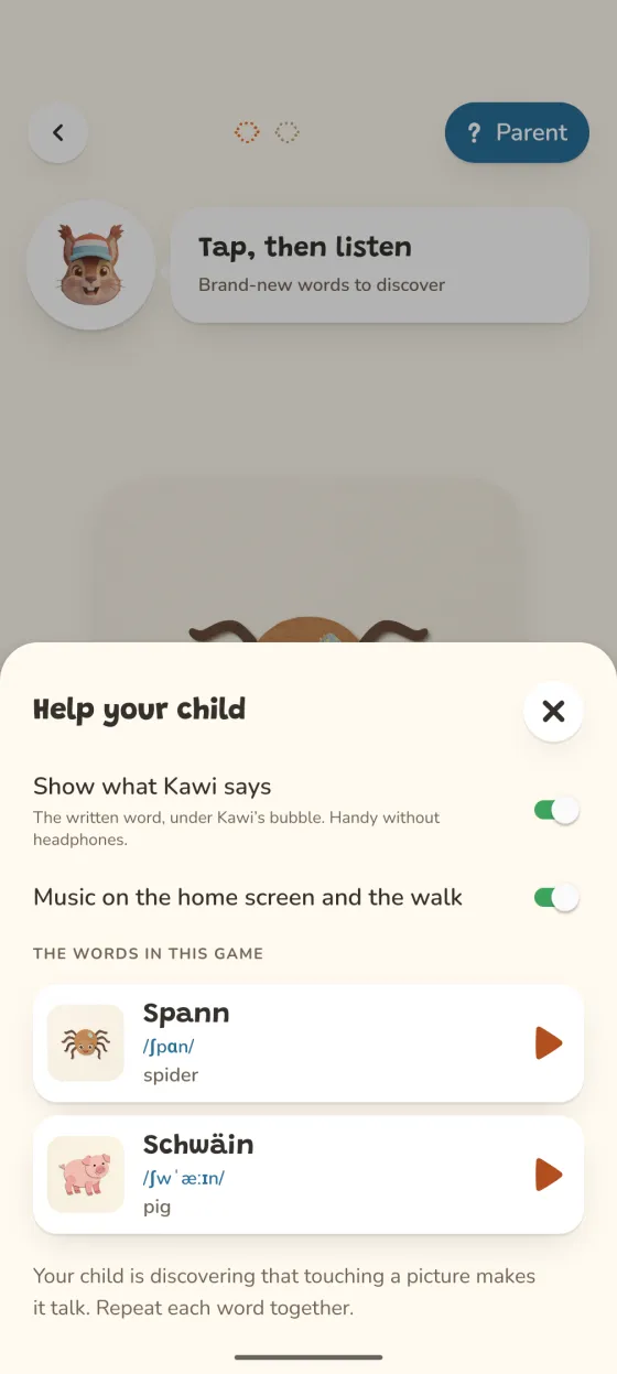 The parent area: the game's words with their pronunciation and translation.