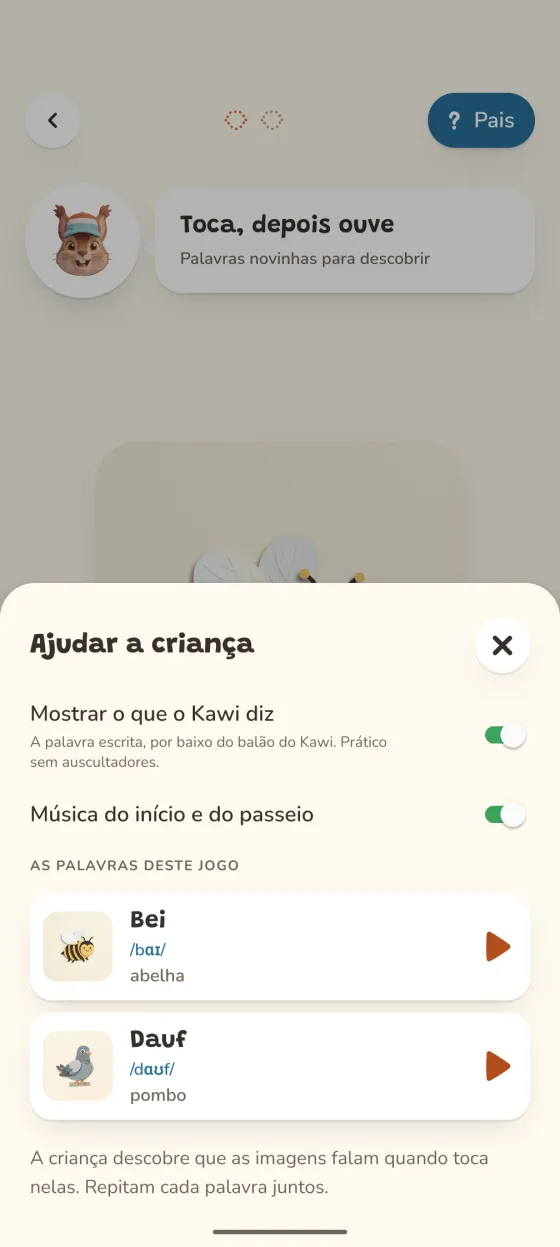 O espaço dos pais: as palavras do jogo com a pronúncia e a tradução.