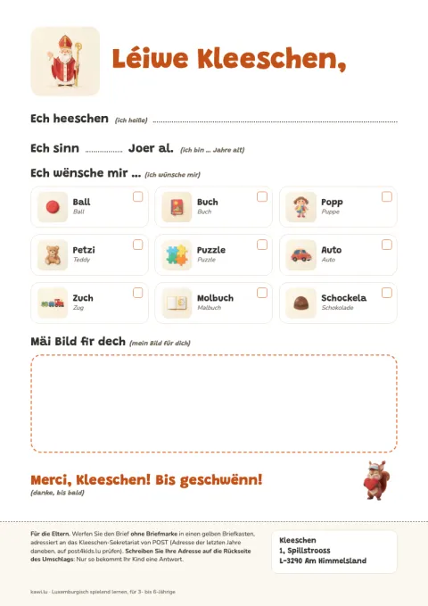 Vorschau des Briefs an den Kleeschen zum Ausdrucken, mit gemalten Geschenken zum Ankreuzen