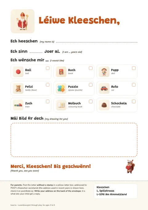 Preview of the printable letter to Kleeschen, with illustrated presents to tick