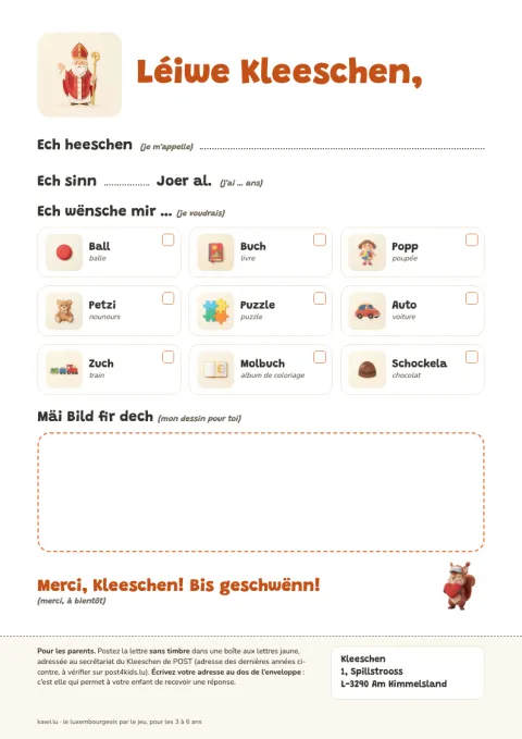 Aperçu de la lettre au Kleeschen à imprimer, avec des cadeaux illustrés à cocher