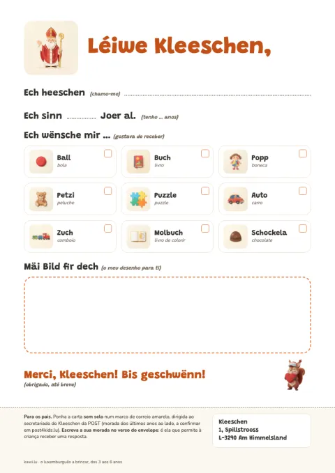 Pré-visualização da carta ao Kleeschen para imprimir, com prendas ilustradas para assinalar