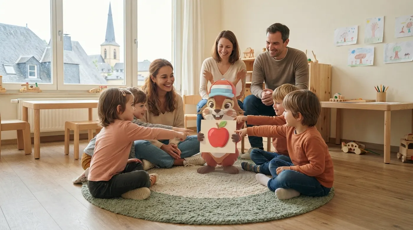 Bei einem Familientreffen zeigt Kawi den Kindern im Kreis eine Karte mit einem Apfel, die Eltern schauen zu.