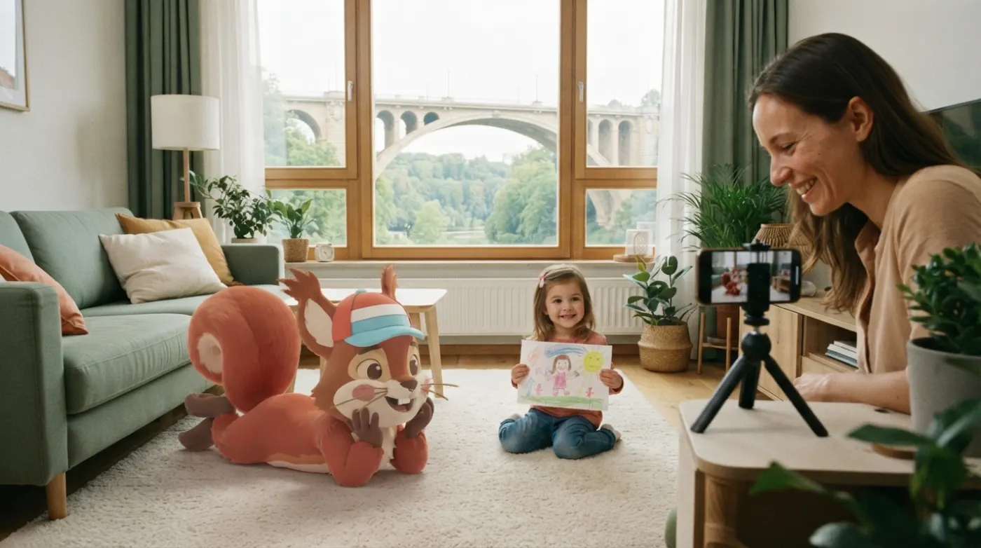 Eine Mutter filmt ihre Tochter, die ein Bild zeigt, Kawi liegt neben ihr auf dem Teppich, vor dem Fenster die Adolphe-Brücke.