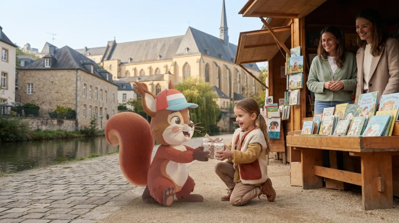 Im Grund, an der Alzette, überreicht Kawi, das Eichhörnchen, einem kleinen Mädchen vor dem Stand einer Buchhandlung ein Geschenk.