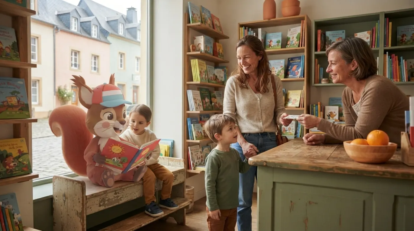 In einer Kinderbuchhandlung in der Altstadt liest Kawi einem kleinen Mädchen ein Bilderbuch vor, während eine Mutter bezahlt.
