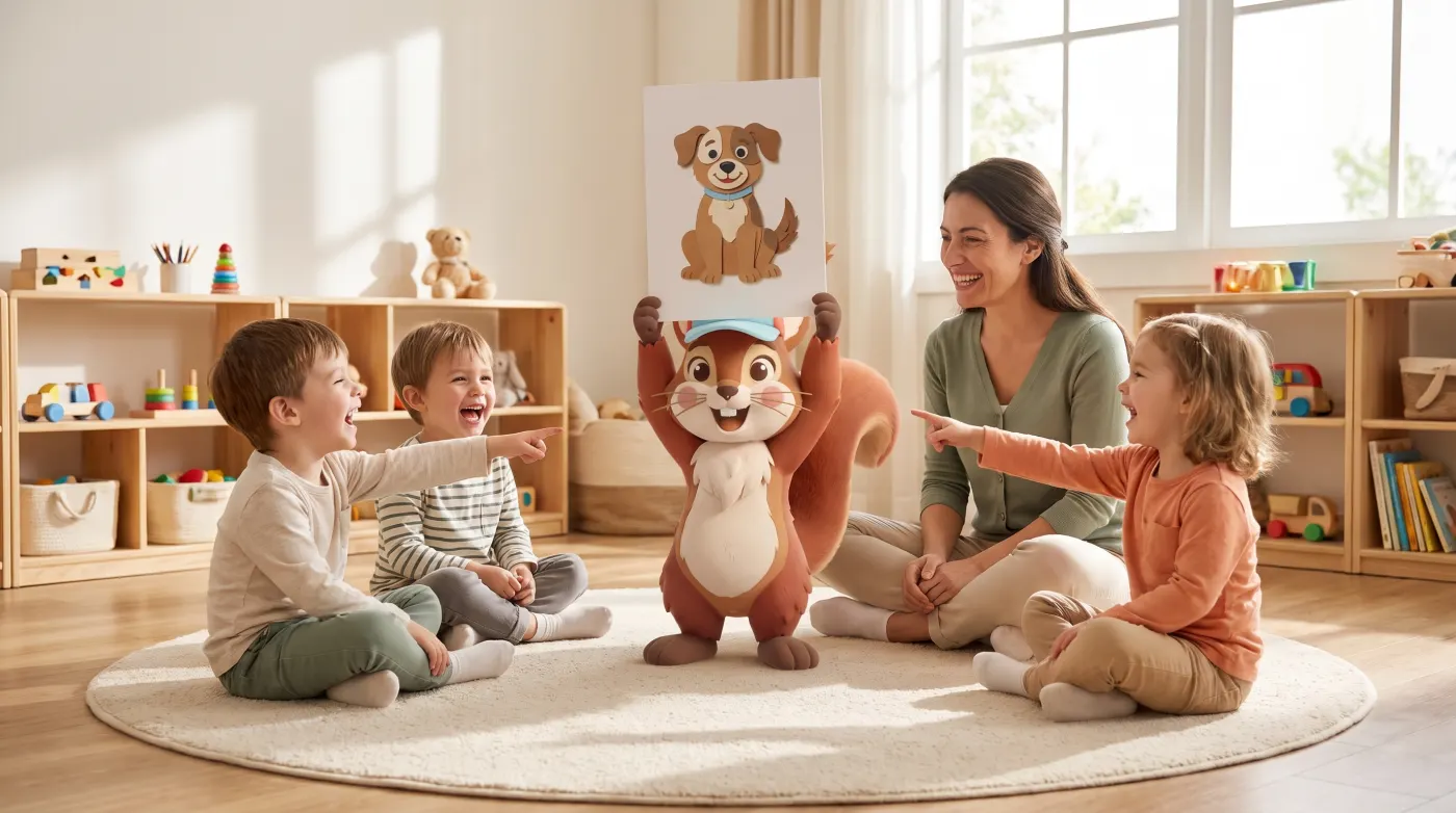 In einer Kita zeigt Kawi Kindern und ihrer Erzieherin ein Bild.