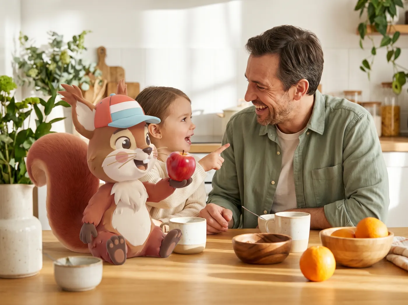 Beim Frühstück zeigt Kawi einem Mädchen und seinem Vater einen Apfel.